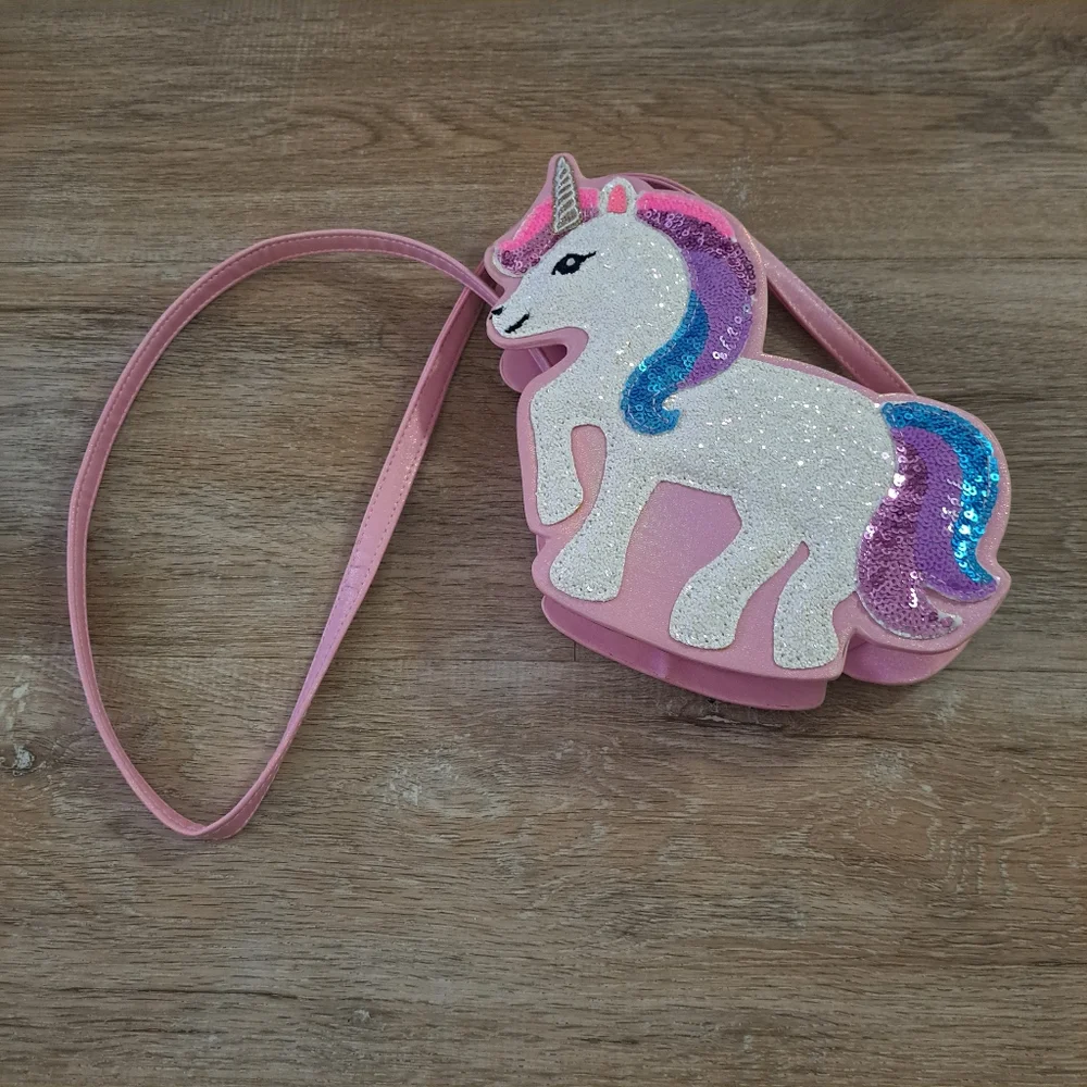 The Children's Place Pink Bag White Unicorn Sequin Glitter Horse Rainbow NWOT